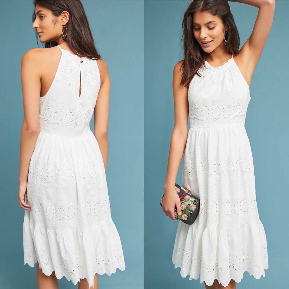 Anthropologie White Tiered Eyelet Midi Dress